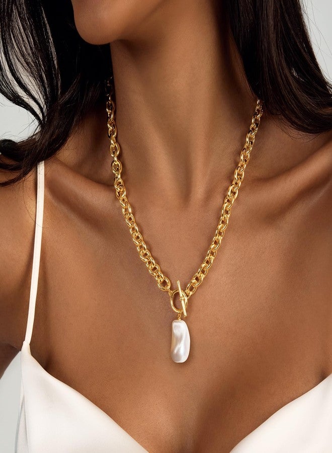 Zeffy Chunky Gold Pearl Necklace for Women Statement Large Baroque Pearl Pendant Necklace 14K Gold Chunky Thick Chain Link Vintage Toggle Clasp Jewelry Gifts - Image 2